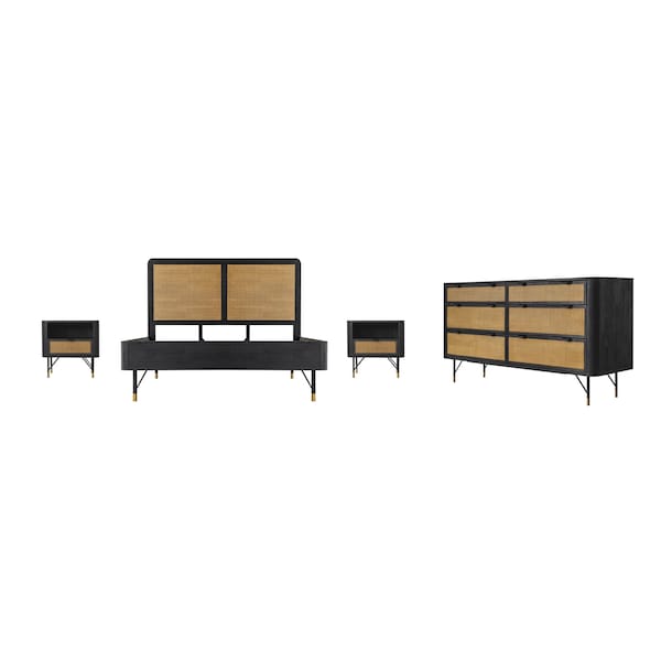 Armen Living Saratoga 4 Piece Queen Bedroom Set in Black Acacia Wood and Rattan SETSRBDQN4A - main